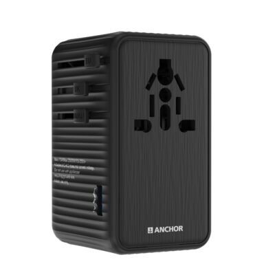 Anchor by Panasonic 65W Universal Travel Adapter, GaN Technology, Multi-Port Universal Travel Adapter, 100-250VAC Fast Charging, Compact, Durable, Laptop Ready (Black - 22846)