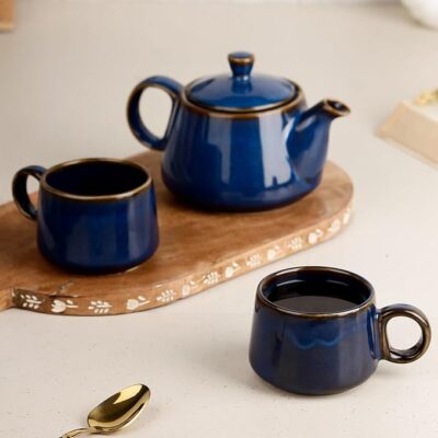 The Earth Store Premium Navy Blue Glaze Ceramic Morning Tea Set - 2 Tea Cups & 1 Kettle Microwave and Dishwasher Safe | Tea Cup with Kettle | Small Morning Set | Ideal for Gifting and Daily Use
