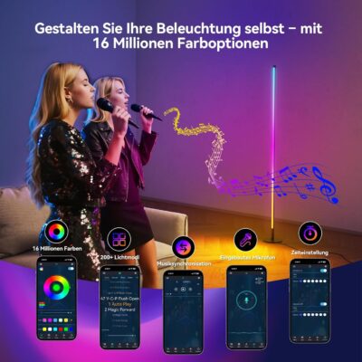 LED Floor Lamp for Living Room, 160 cm, RGB Corner Lamp, Dimmable, Floor Lamp, LED with Remote Control and App, 16 Million Colours, Music Modes, DIY Mode and Timer Function for Bedroom