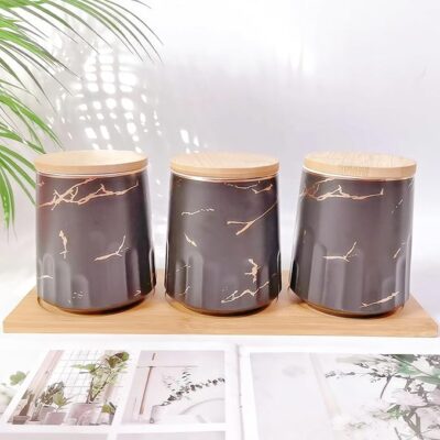UMAI Ceramic Jars for Kitchen Storage with Bamboo Lids | Pack of 3 | 280ml Each | Multipurpose Jars for Pickles, Nuts, Dry Fruits | Black and Brown | Airtight Kitchen containers set
