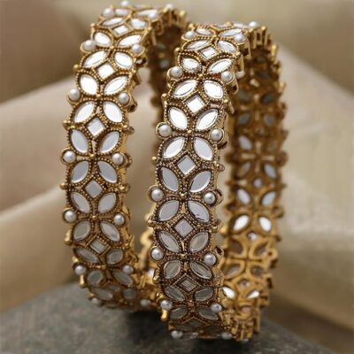 ZENEME Gold-Plated White Kundan studded Designer Floral Style Bangles Jewellery Set for Girls and Women (Set Of 2)