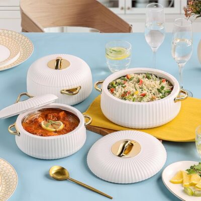 Cello Aurum Luxury Insulated Casseroles Set of 3, White (2x1000ml, 1x1500ml) | Double Walled Thermoware Casserole with Lid | Easy Grip Handle |PU Insulated Serving Bowl Casserole for Roti, Rice, Biryani
