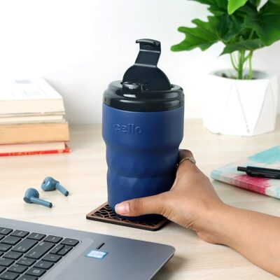 CELLO Nomad Double Wall Vacuum Insulated Stainless Steel Flask Mug 350ml, Blue | Food Grade Premium Steel, Hot and Cold Tea Coffee Water Soup Juice Tumbler | Leakproof Thermosteel Flask Mug For Office