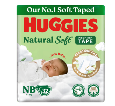 Huggies Natural Soft Premium Tape Diapers Newborn Size NB (Up to 5 kg) - 32 Pieces